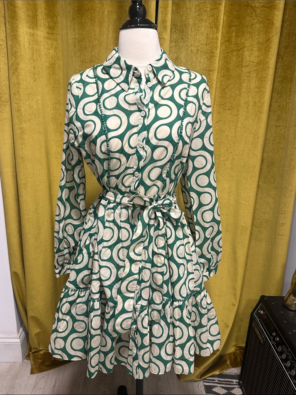 Green and Cream Long-Sleeve Tie-Waist Shirt Dress